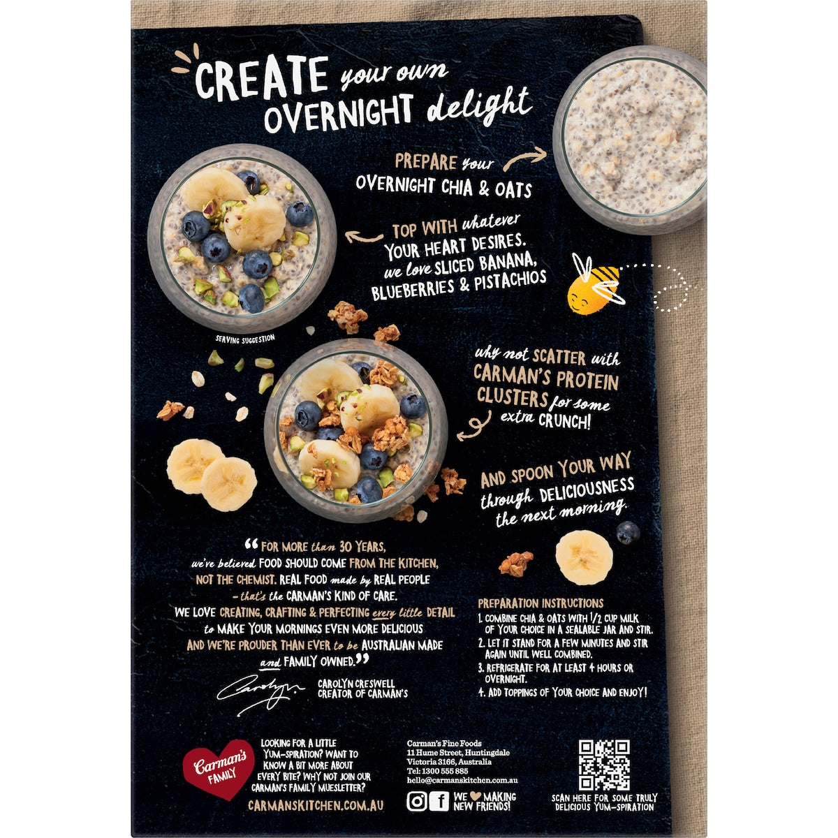 Carmans Protein Overnight Chia & Oat Sachets Creamy Vanilla Bean 6 Pack