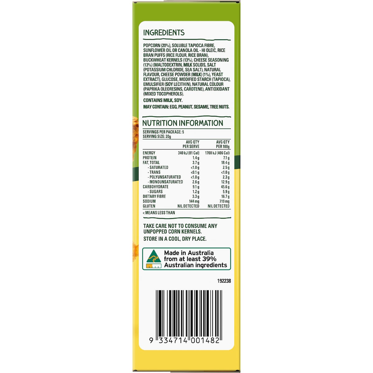 Cobs Crunchy Popcorn Bars Cheese 100g