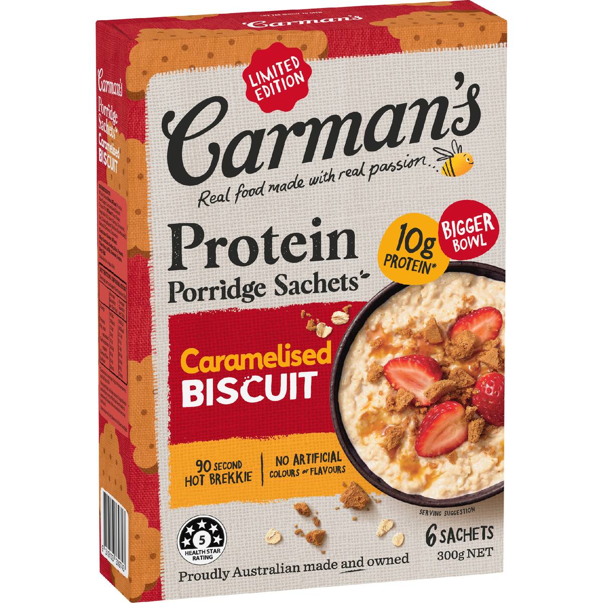 Carman's Protein Porridge Sachets Caramelised Biscuit 6 Pack