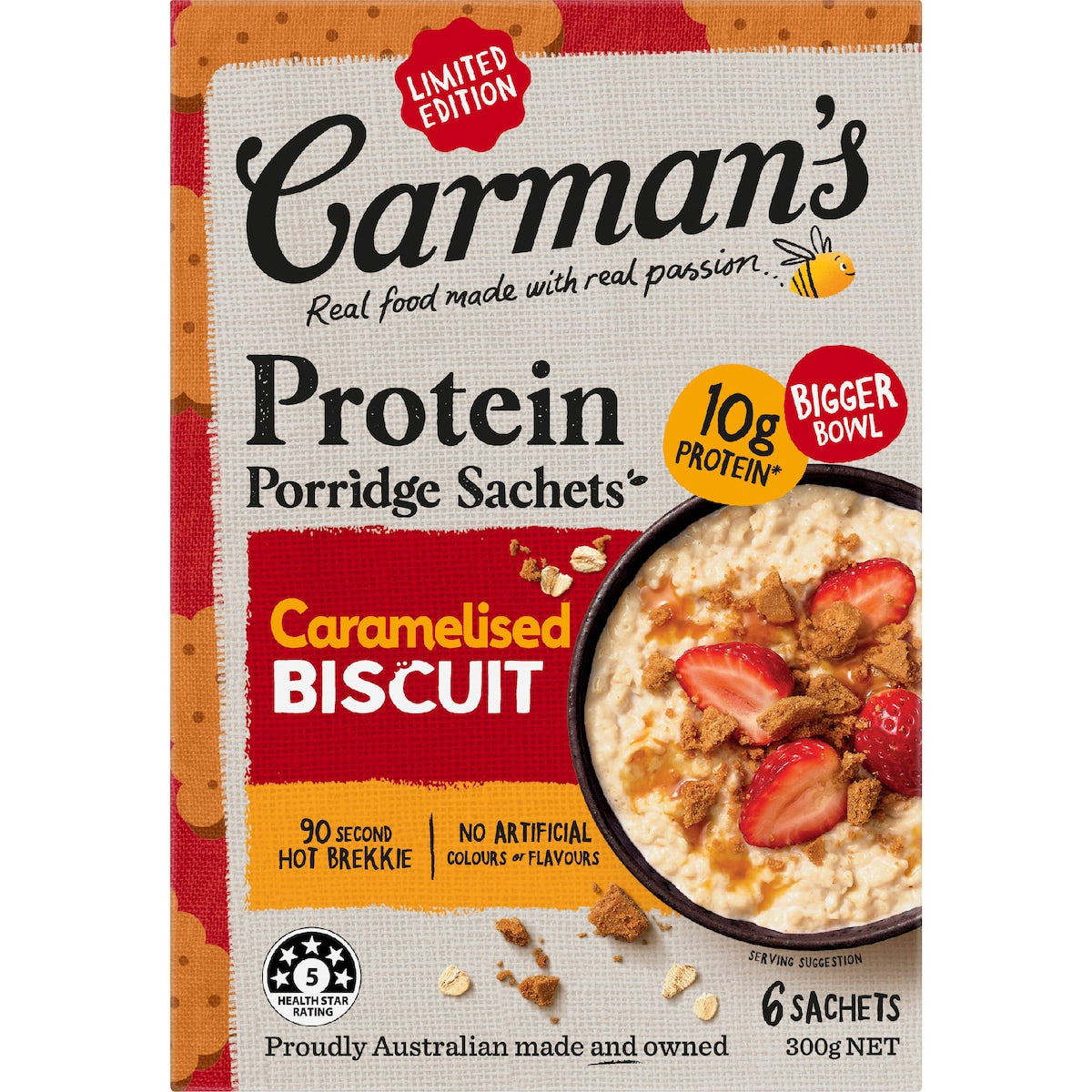 Carmans Protein Porridge Sachets Caramelised Biscuit 6 Pack