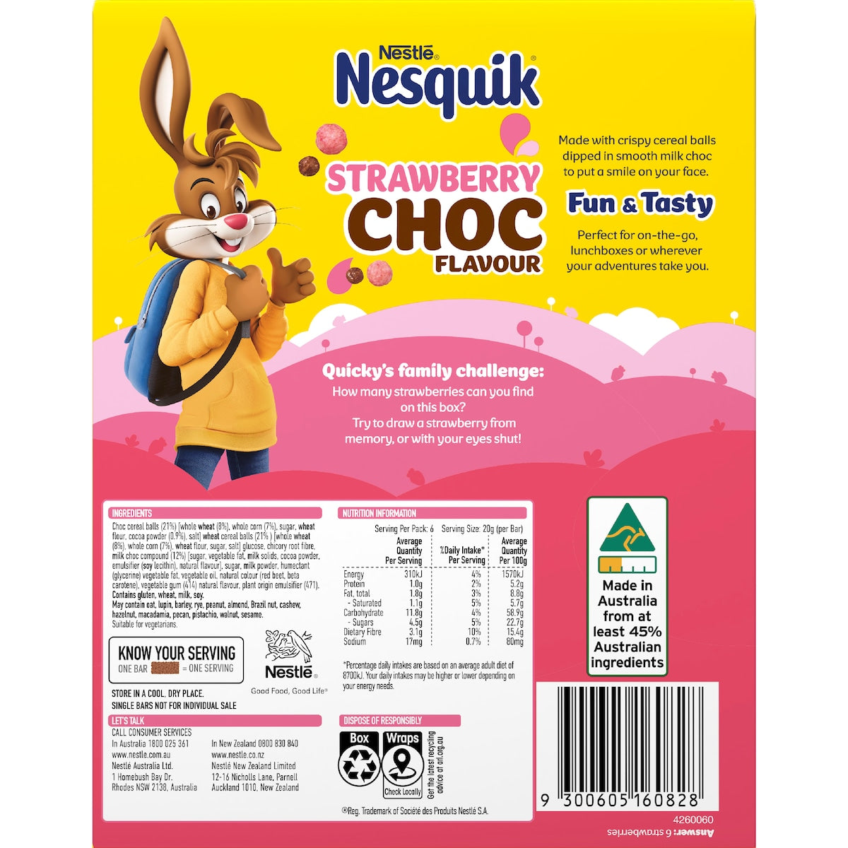 Nesquik Cereal Bars Strawberry Choc 120g 6 Pack