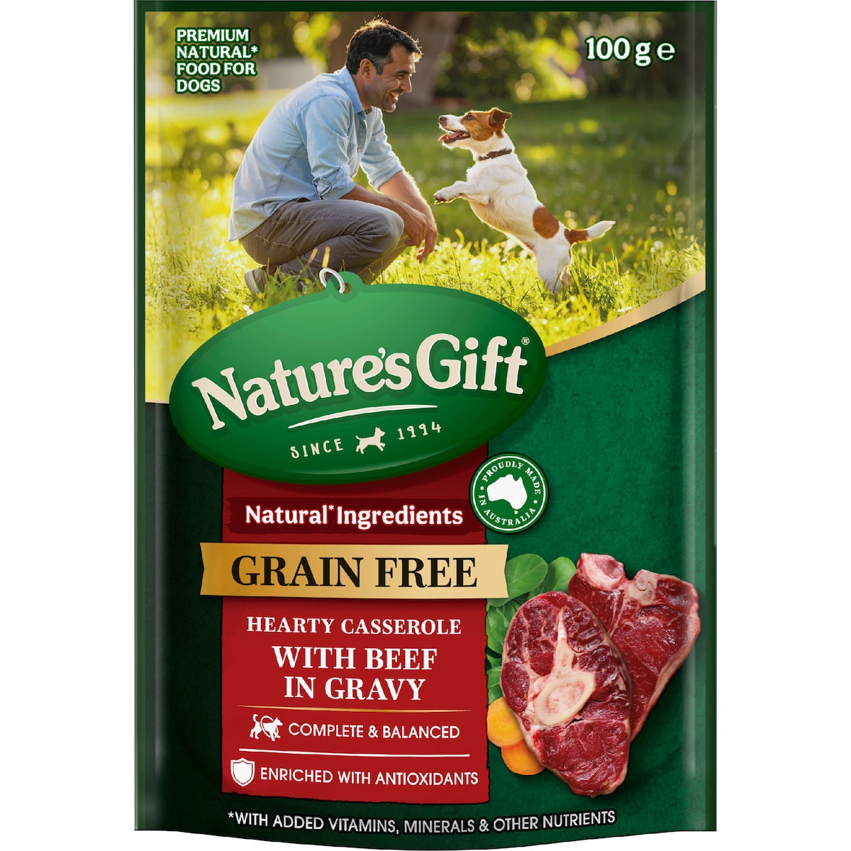 Natures Gift Grain Free Wet Dog Food Gravy Casserole With Beef Pouch 100g