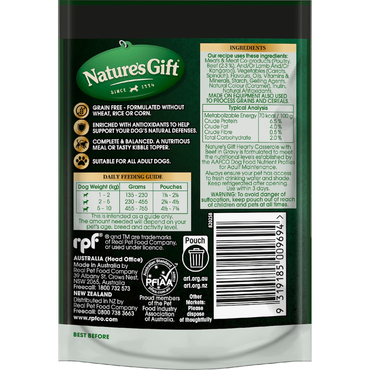 Natures Gift Grain Free Wet Dog Food Gravy Casserole With Beef Pouch 100g