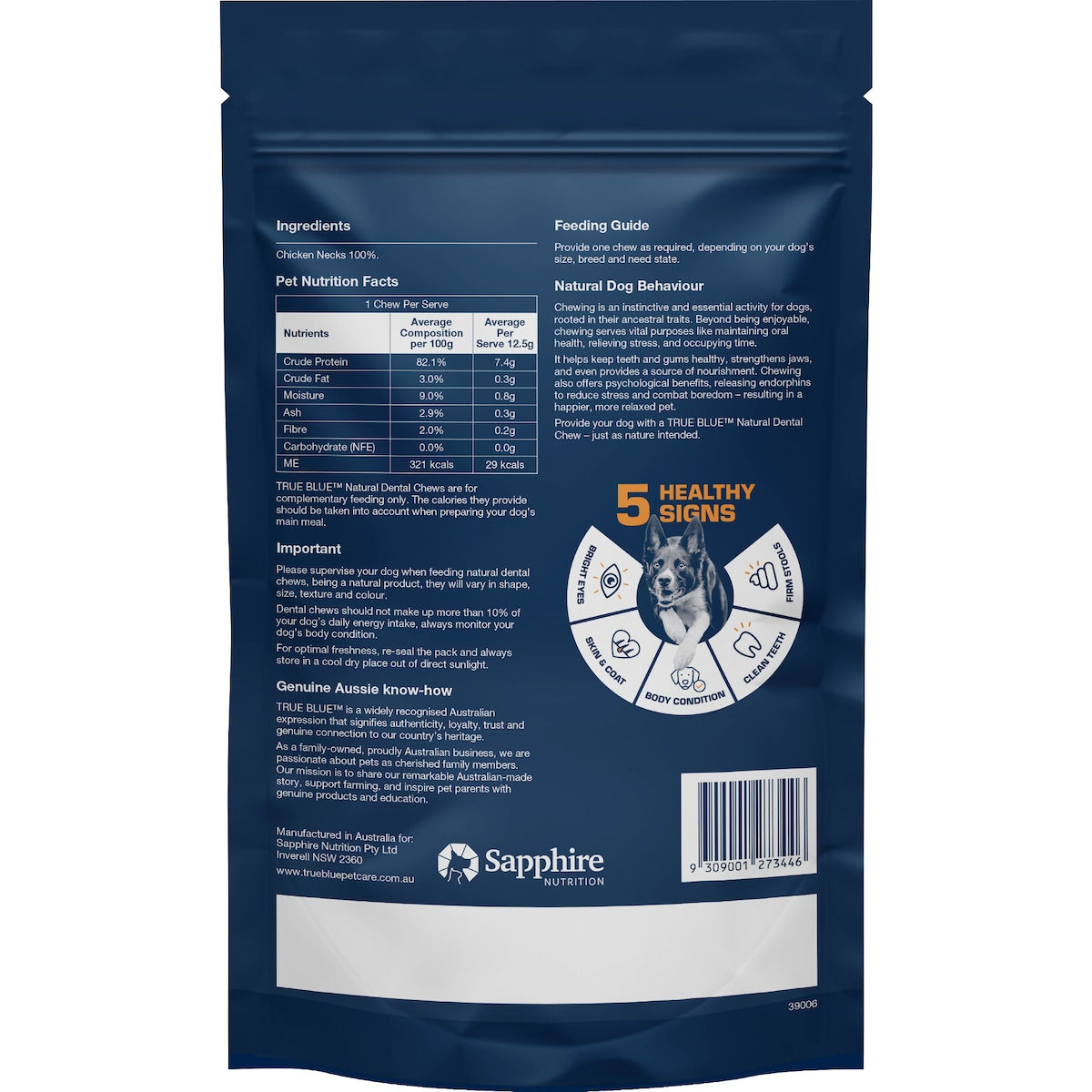 True Blue Natures Dental Dog Chews Aussie Chicken Necks 100g
