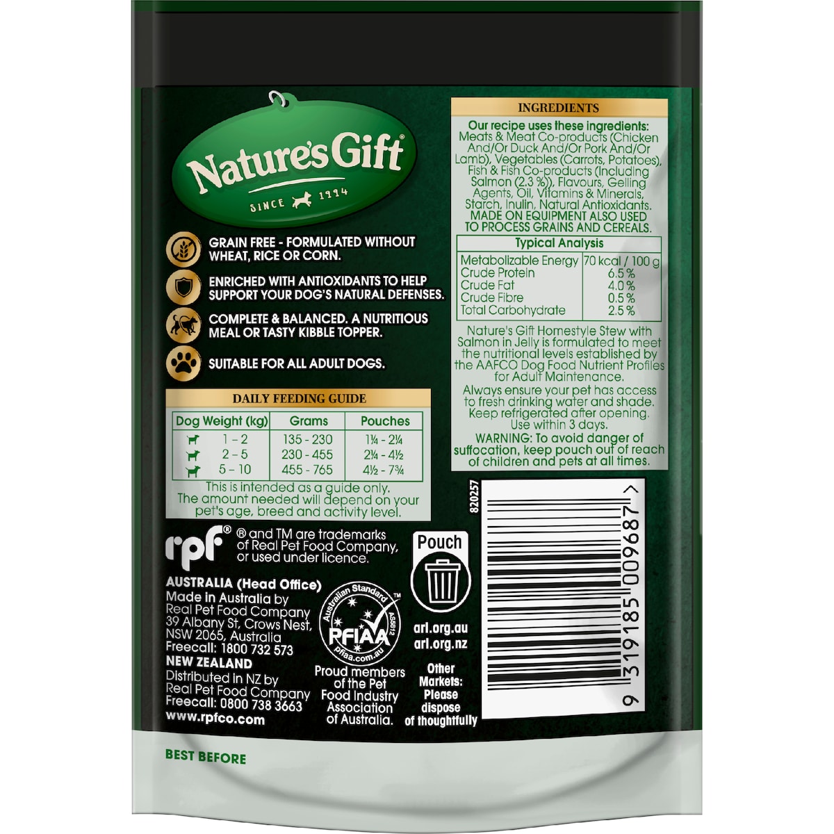 Natures Gift Grain Free Wet Dog Food Stew Jelly With Salmon Pouch 100g