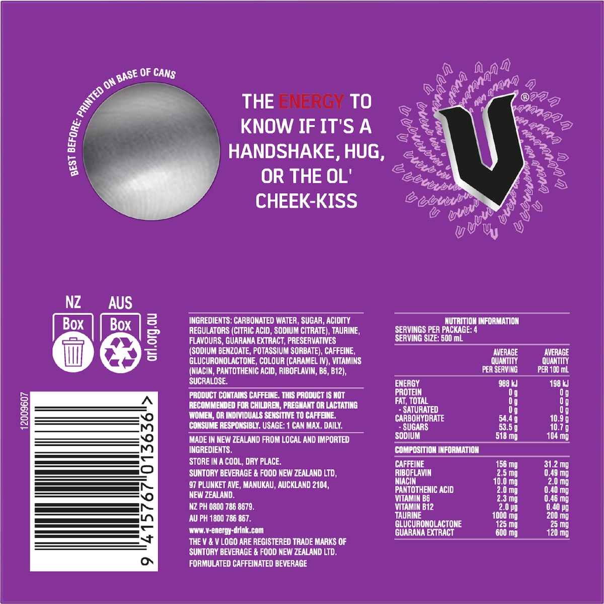 V Energy Energy Drink Grape Burst Cans 500ml X 4 Pack