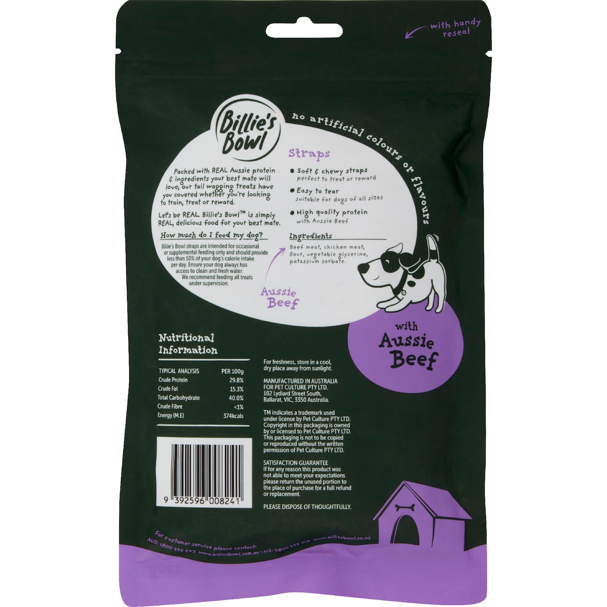 Billies Bowl Dog Treat Straps With Aussie Beef 180g