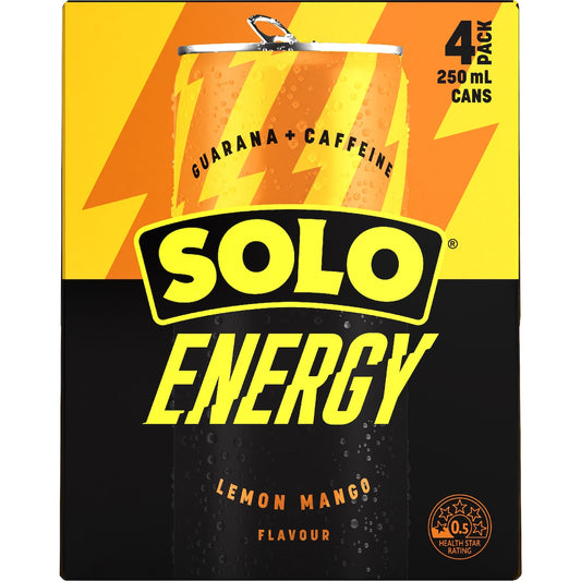 Solo Energy Drink Lemon Mango Cans 250ml X 4 Pack
