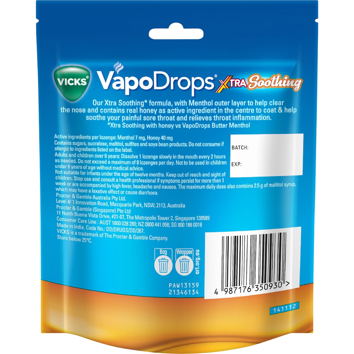 Vicks Vapodrops Extra Soothing Lozenges Honey 30 Pack