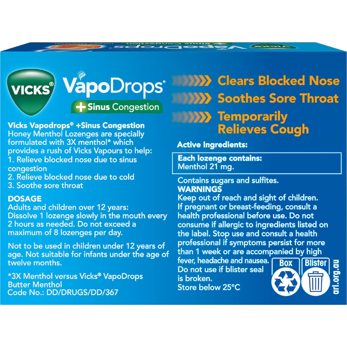 Vicks Vapodrops Sinus Congestion Lozenges Honey Menthol 16 Pack