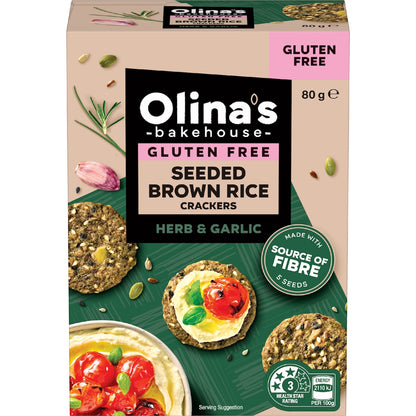 Olinas Bakehouse Gluten Free Seeded Brown Rice Crackers Herb & Garlic 80g