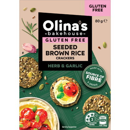 Olinas Bakehouse Gluten Free Seeded Brown Rice Crackers Herb & Garlic 80g