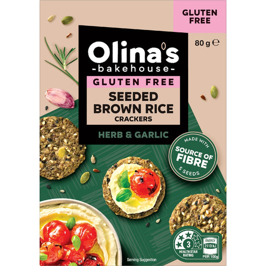 Olinas Bakehouse Gluten Free Seeded Brown Rice Crackers Herb & Garlic 80g