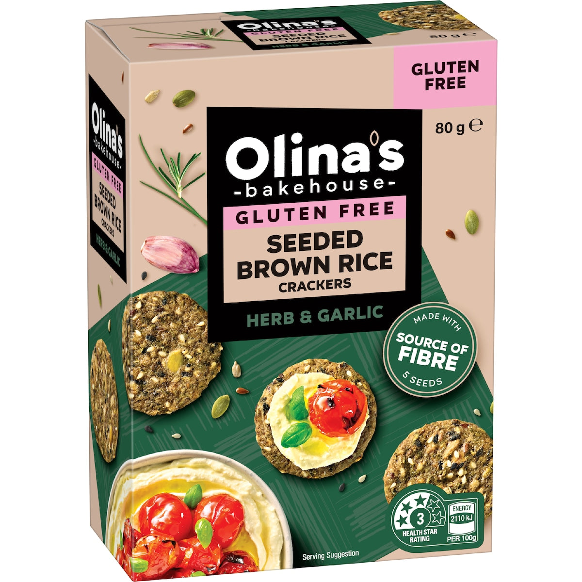 Olinas Bakehouse Gluten Free Seeded Brown Rice Crackers Herb & Garlic 80g