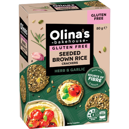 Olinas Bakehouse Gluten Free Seeded Brown Rice Crackers Herb & Garlic 80g