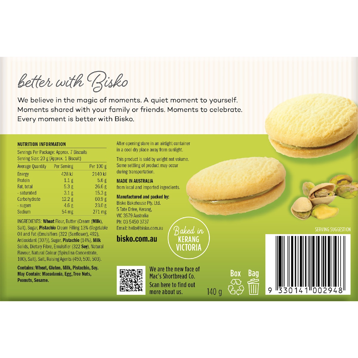 Bisko Bakehouse Creme Moments Shortbread With Pistachio Cream Filling 140g