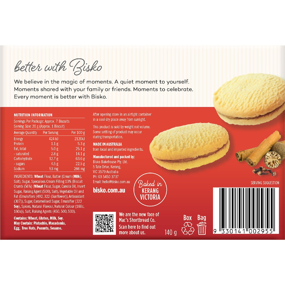 Bisko Bakehouse Creme Moments Shortbread With Speculoos Cream Filling 140g
