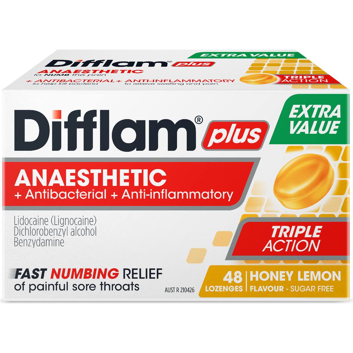 Difflam Plus Anaesthetic Lozenges Honey Lemon 48 Pack