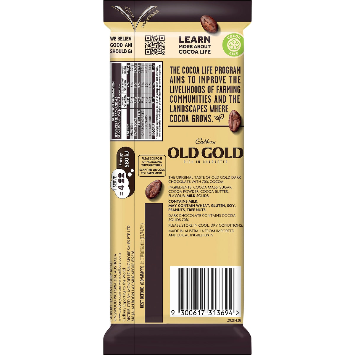 Cadbury Old Gold 70% Cocoa Dark Chocolate Block 165g