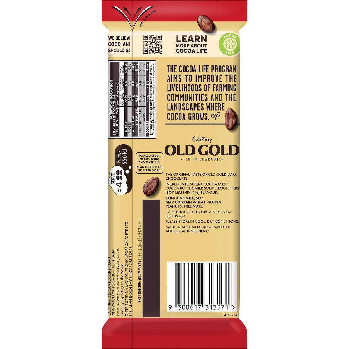 Cadbury Old Gold Original Dark Chocolate Block 165g