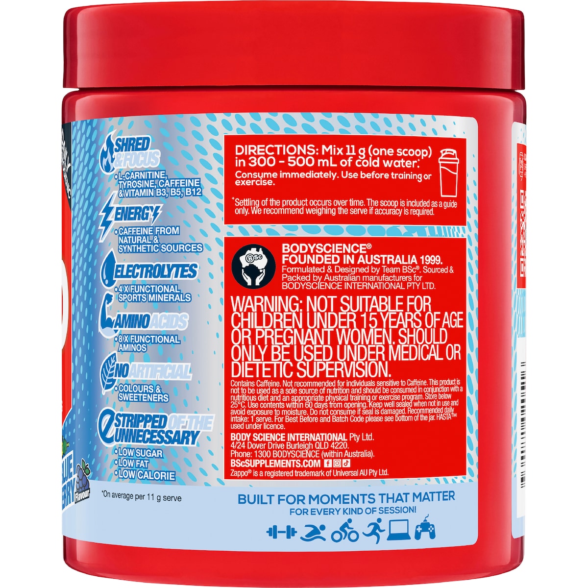 Bsc Zappo Shred Energy & Hydration Sour Blue Raspberry 275g