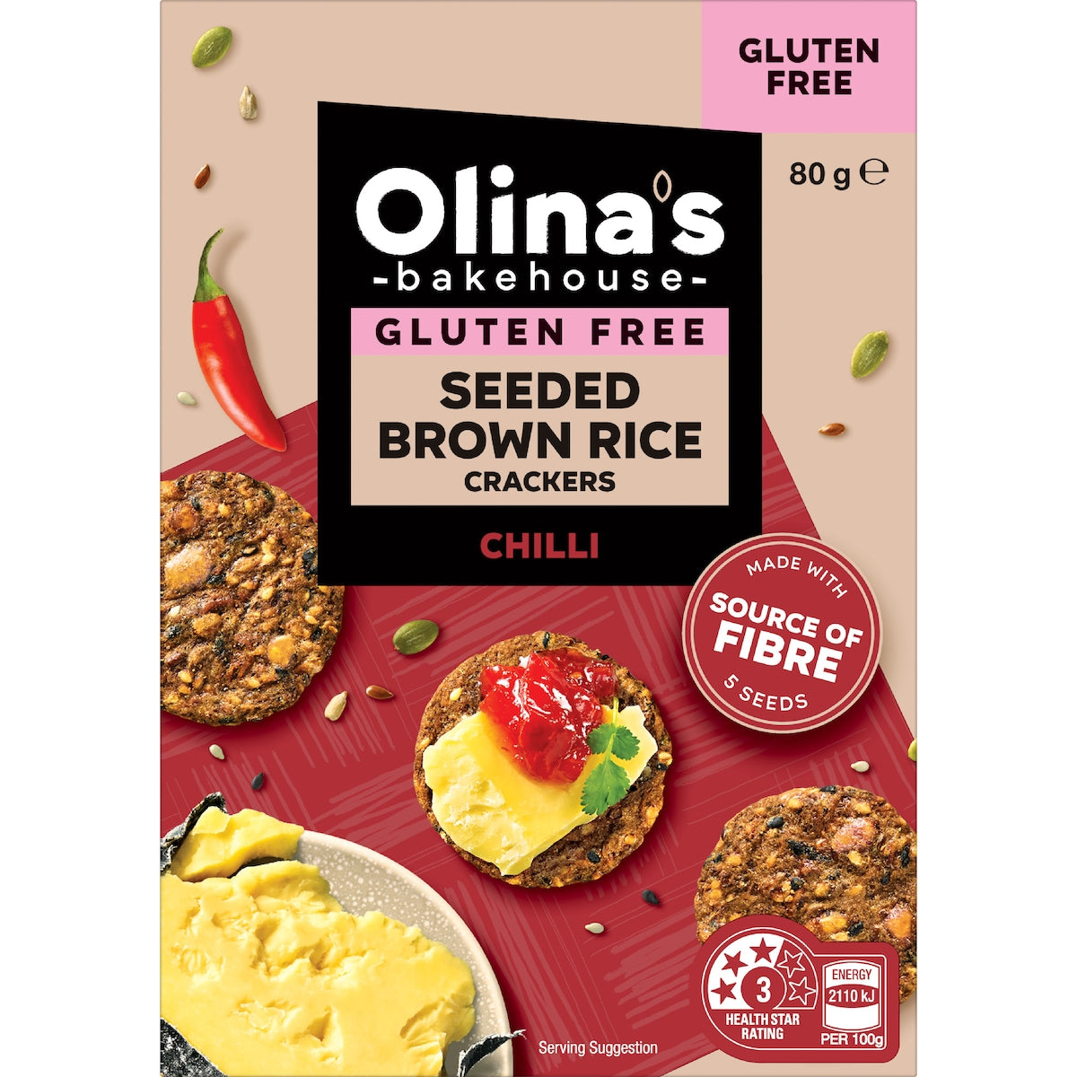 Olinas Bakehouse Gluten Free Seeded Brown Rice Crackers Chilli 80g