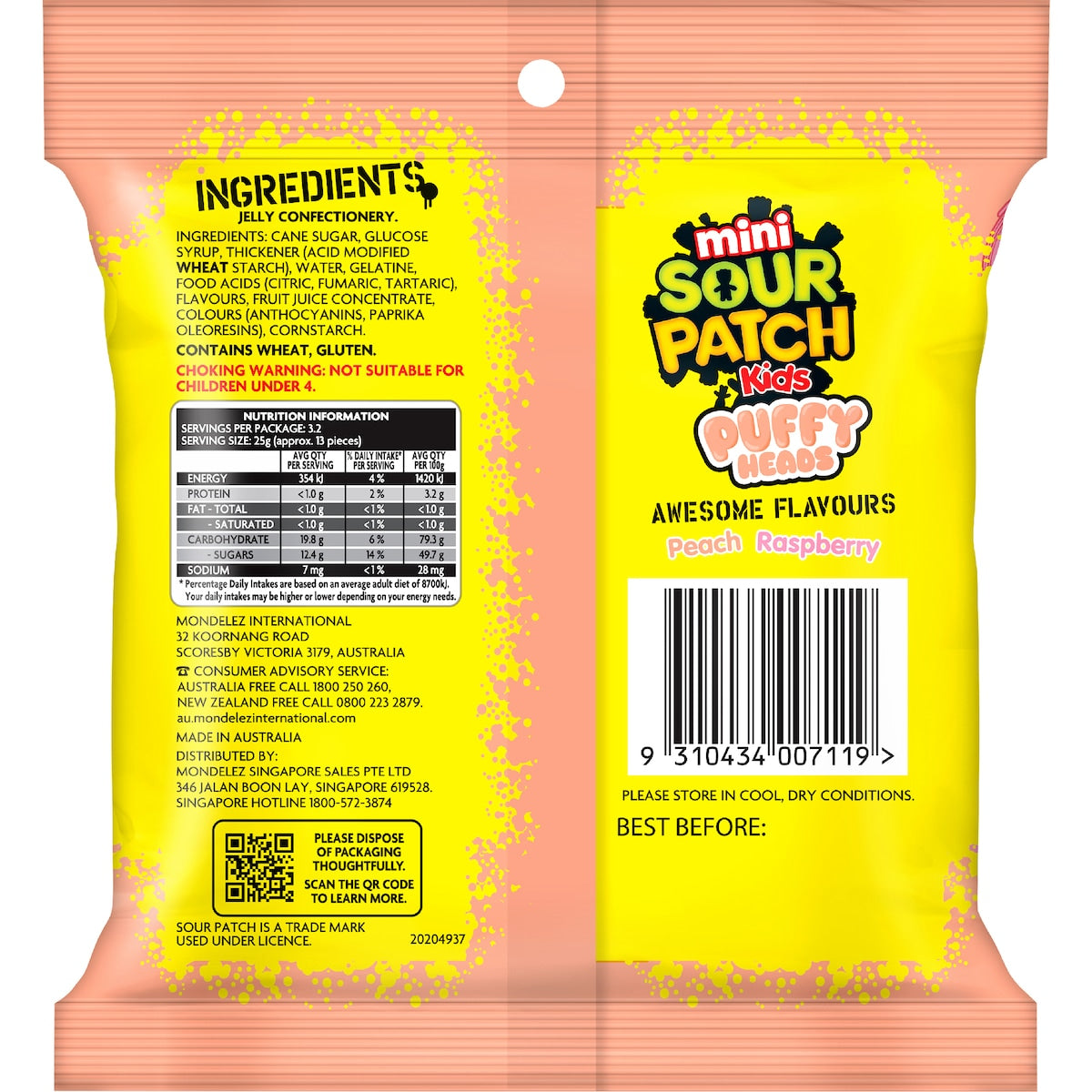 Sour Patch Kids Mini Puffy Heads Peach & Raspberry 80g