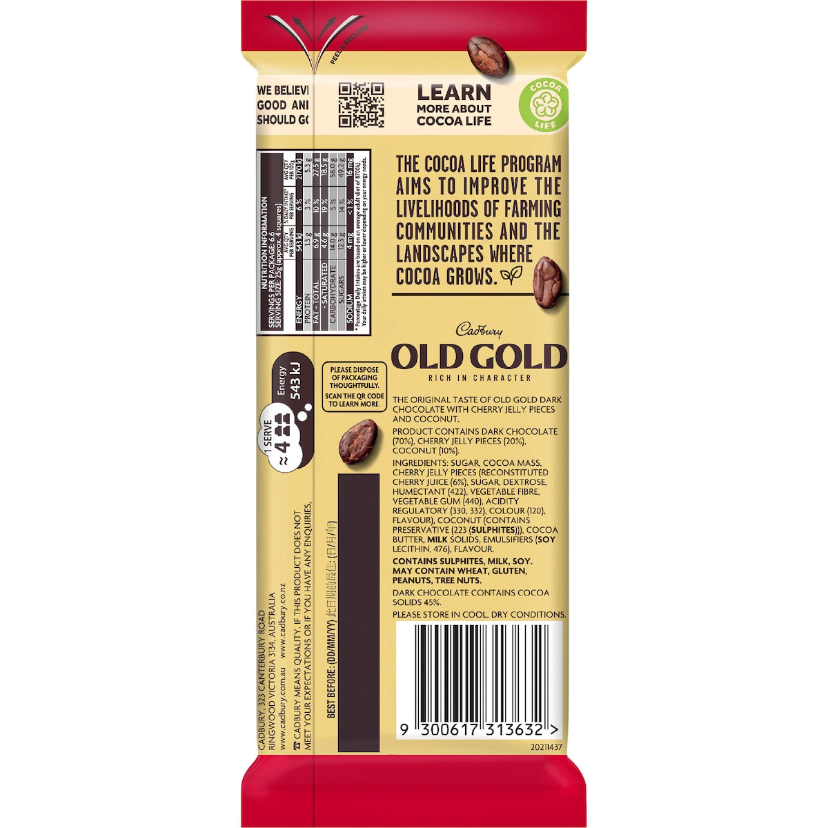 Cadbury Old Gold Cherry Ripe Dark Chocolate Block 170g
