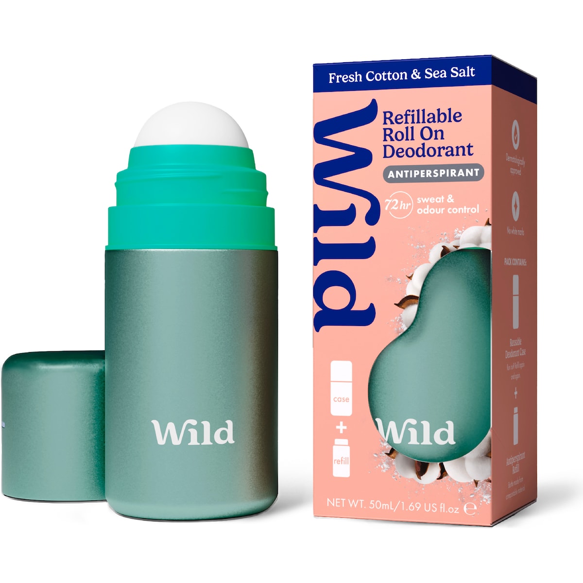 Wild Deodorant 72hr Antipersperant Roll On Cotton & Salt 50ml