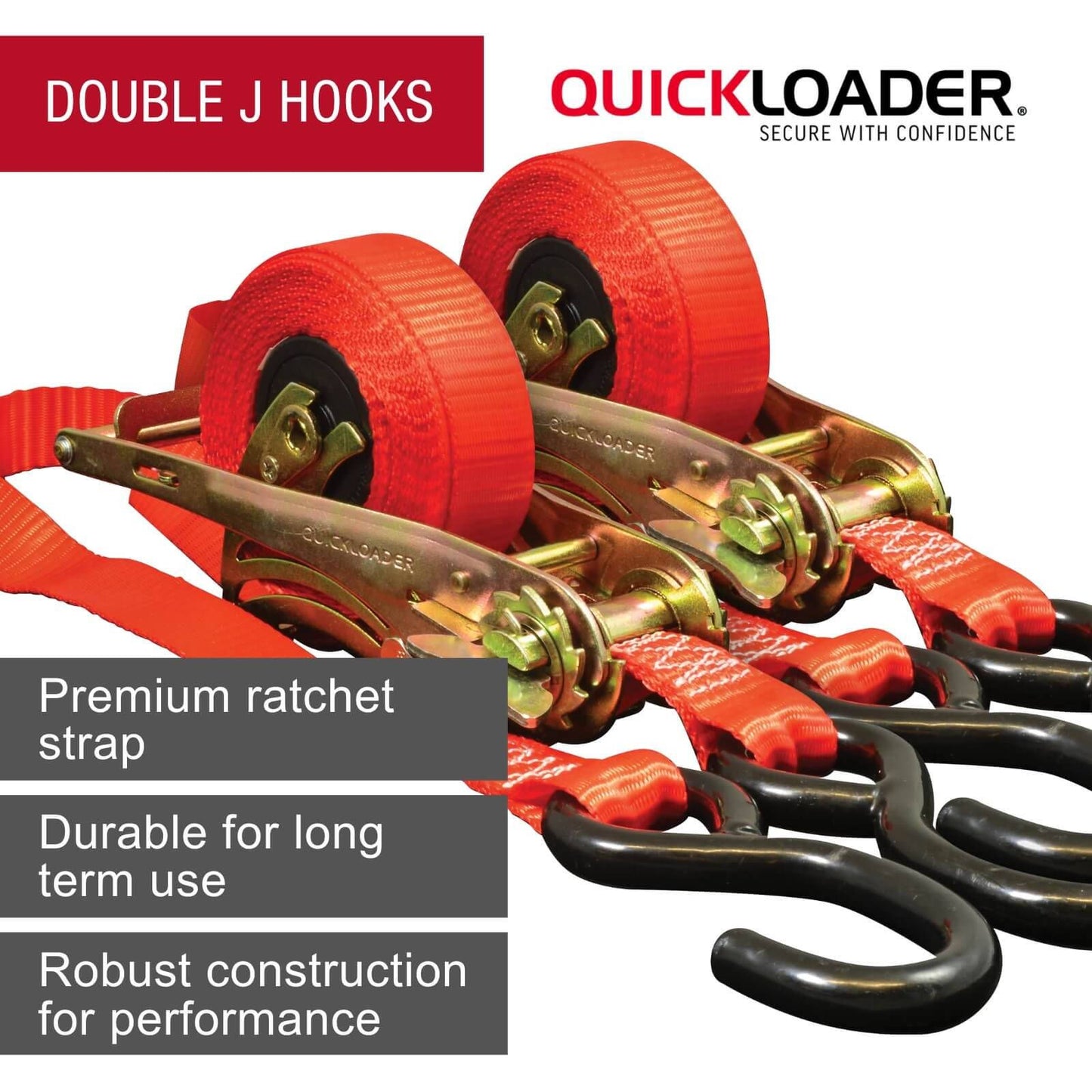 Quickloader Retractable Ratchet Tie Down Strap - 2m - 25mm - 400kg - 2 Pack - Red