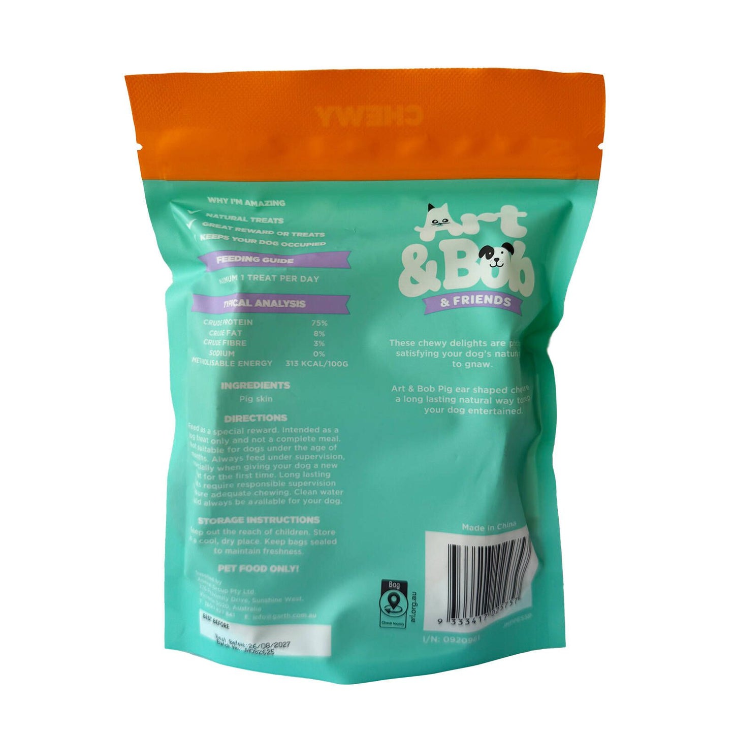 Art Bob Pig Ear Chews Adult Dog Treats - 5 Pack - 60 x 226mm
