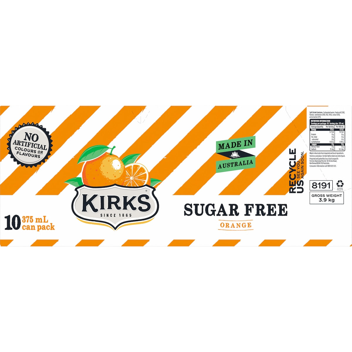 Kirks Zero Sugar Orange Soft Drink Cans 375ml X 10 Pack
