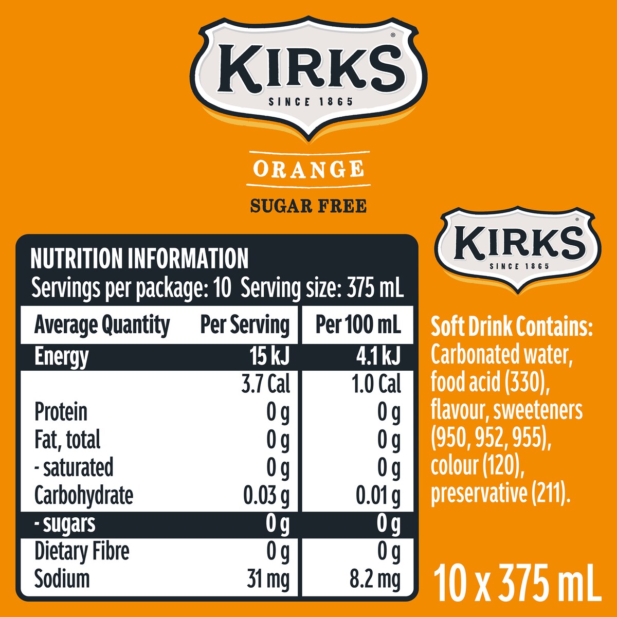 Kirks Sugar Free Orange Soft Drink Multipack Cans 375mL x 10 pack