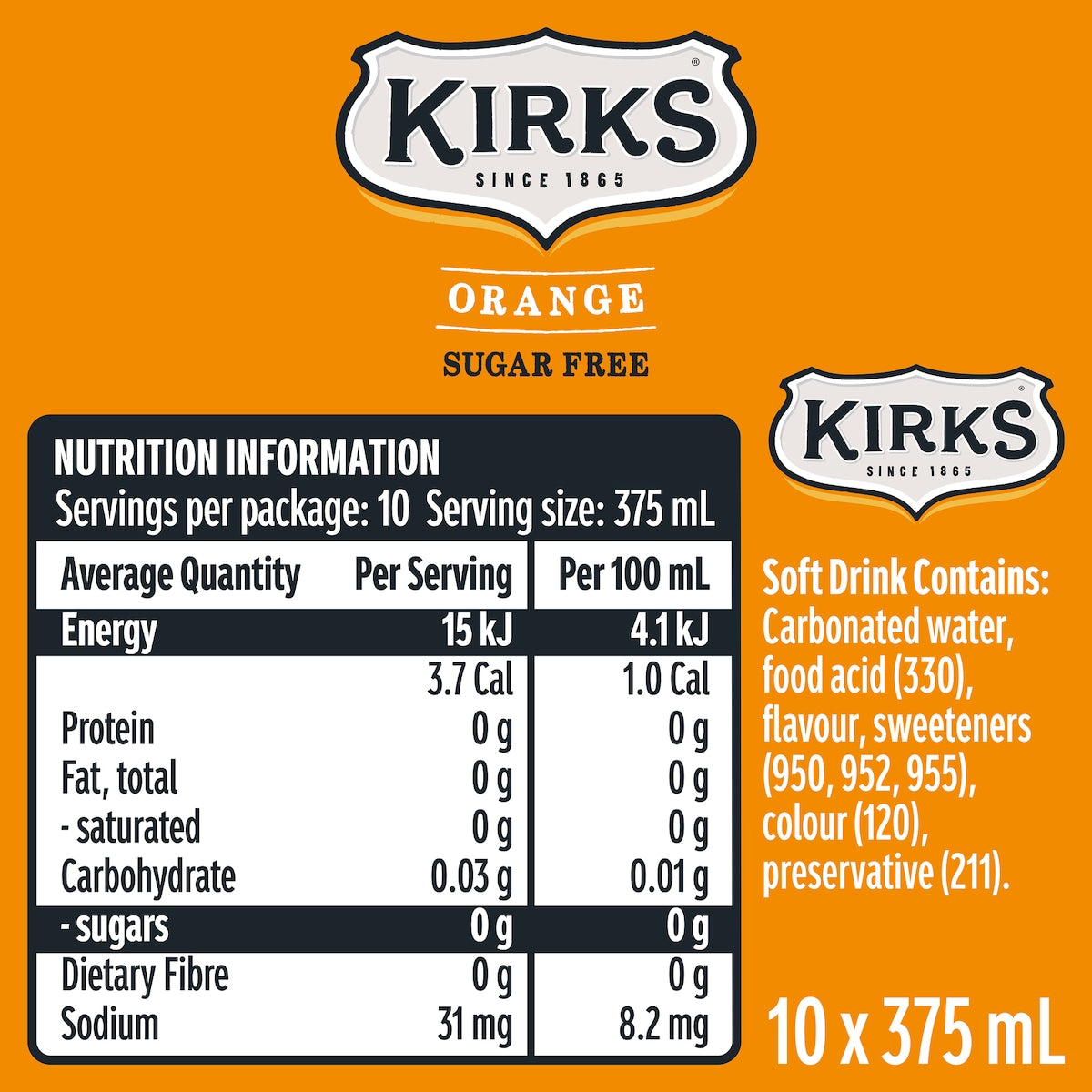 Kirks Zero Sugar Orange Soft Drink Cans 375ml X 10 Pack