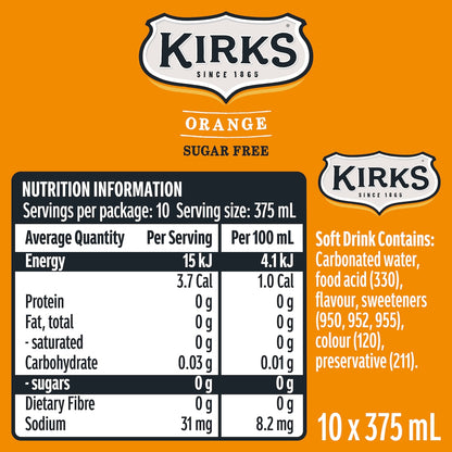Kirks Zero Sugar Orange Soft Drink Cans 375ml X 10 Pack
