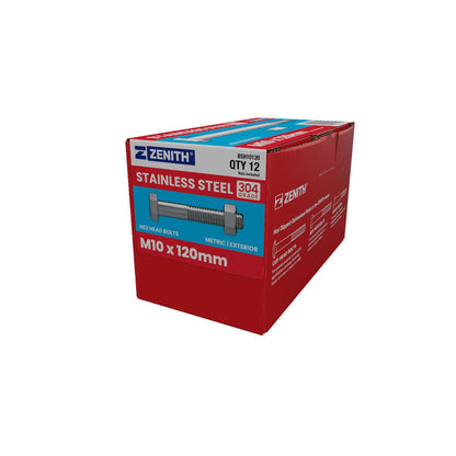 Zenith Stainless Steel 304 Hex Head Bolts & Nuts - M10 x 120mm - 12 Pack