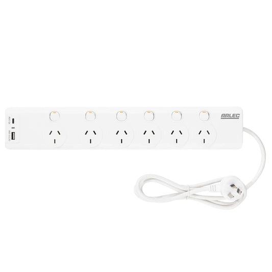 Arlec Surge Protected Powerboard - 6 Outlet - 1.8m - White