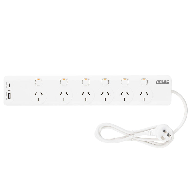 Arlec Surge Protected Powerboard - 6 Outlet - 1.8m - White