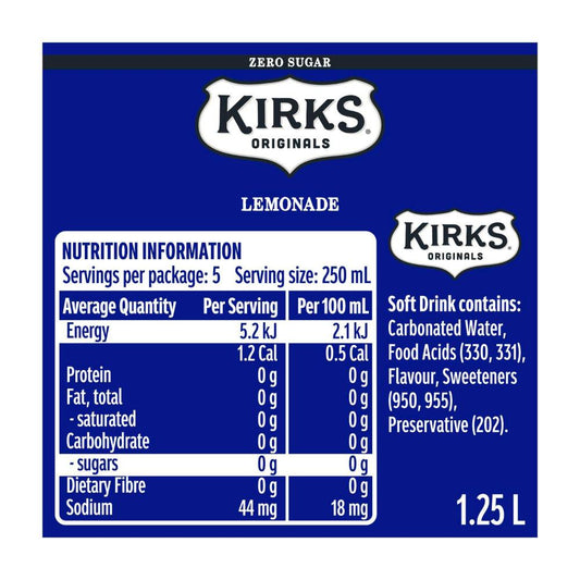 Kirks Lemonade Sugar Free Soft Drink - 1.25L