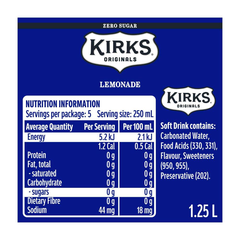 Kirks Lemonade Zero Sugar Soft Drink Bottle - 1.25L