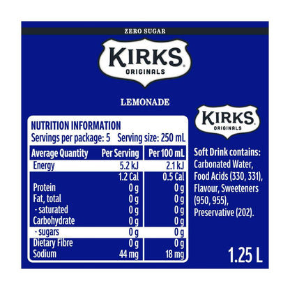 Kirks Lemonade Zero Sugar Soft Drink Bottle - 1.25L