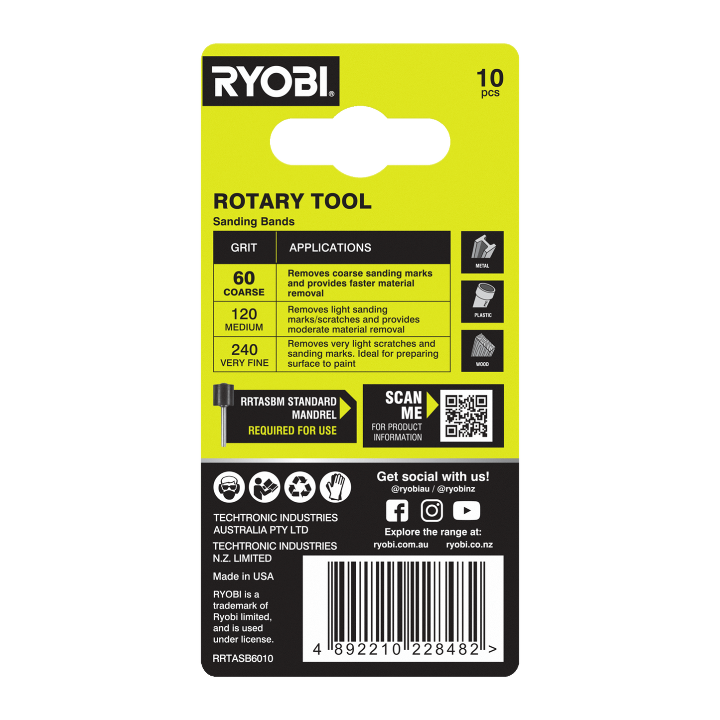 Ryobi Grit Sanding Band - 60 Grit - 38mm - 10 Pack