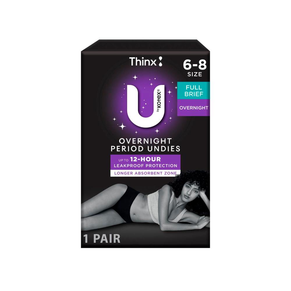 U By Kotex Overnight Period Underwear Brief Black Size 6-8 - 1 pack