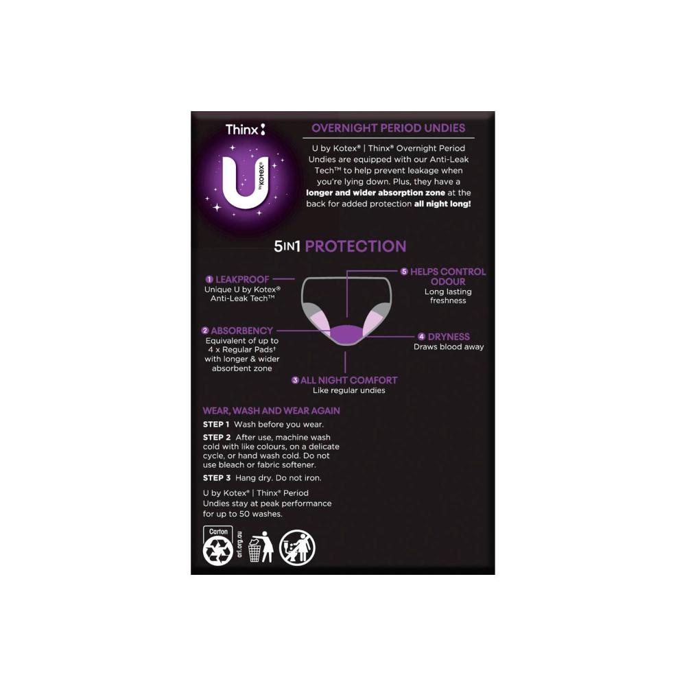 U By Kotex Overnight Period Underwear Brief Black Size 12 - 1 pack