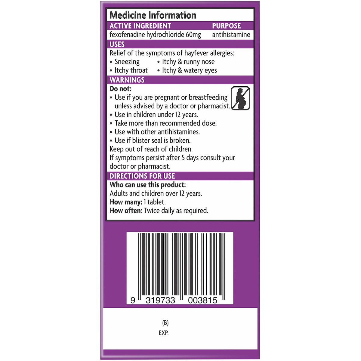 Telfast Hayfever Allergy Relief 60mg Antihistamine Tablets 20 Pack