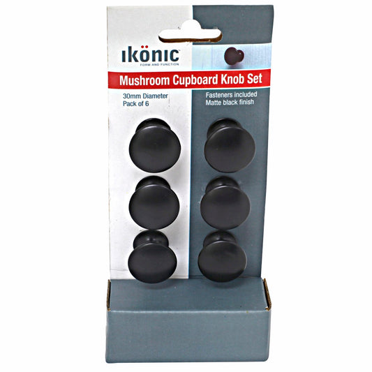 Ikonic Matt Black Cupboard Knob Set - 6 Piece - Metal - Easy Install