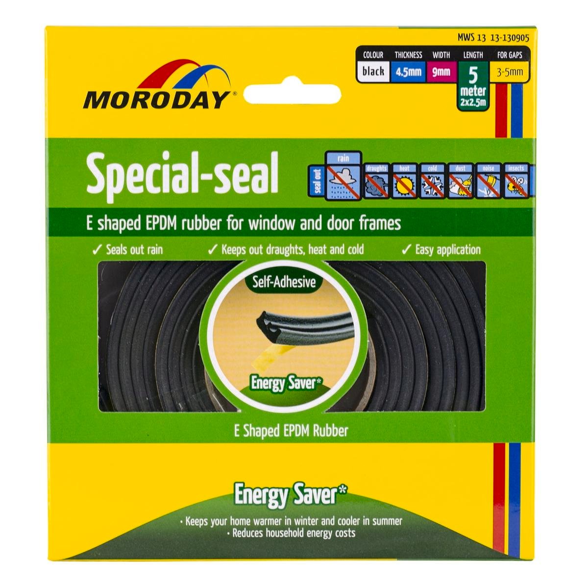 Moroday E Shaped Weatherseal 9mm x 4.5mm x 5m Black EPDM Rubber