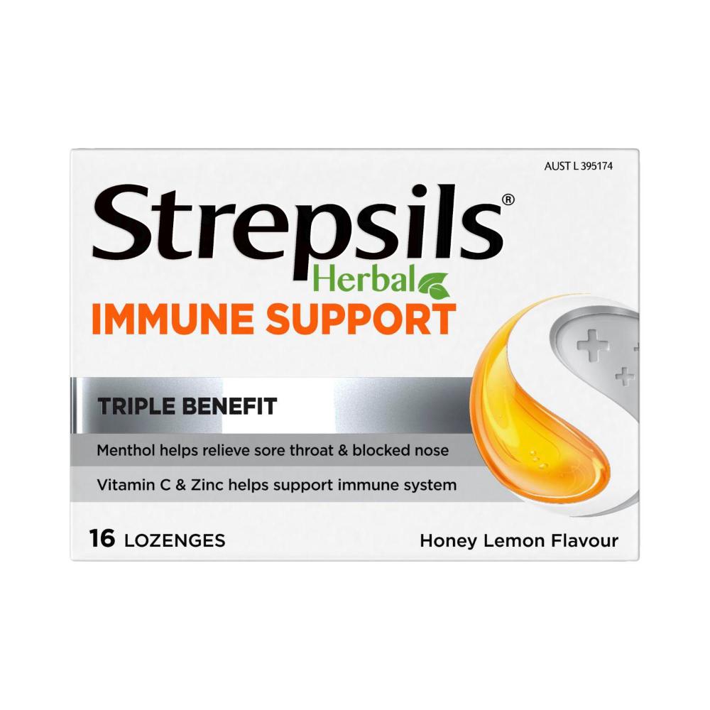 Strepsil Herbal Immune Sore Throat Honey Lemon - 16 pack