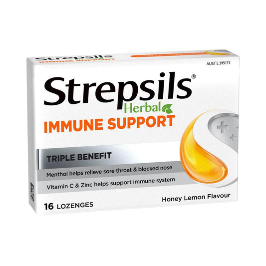 Strepsil Herbal Immune Sore Throat Honey Lemon - 16 pack