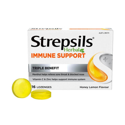 Strepsil Herbal Immune Sore Throat Honey Lemon - 16 pack